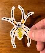 A hand holding a yellow and black spider sticker.